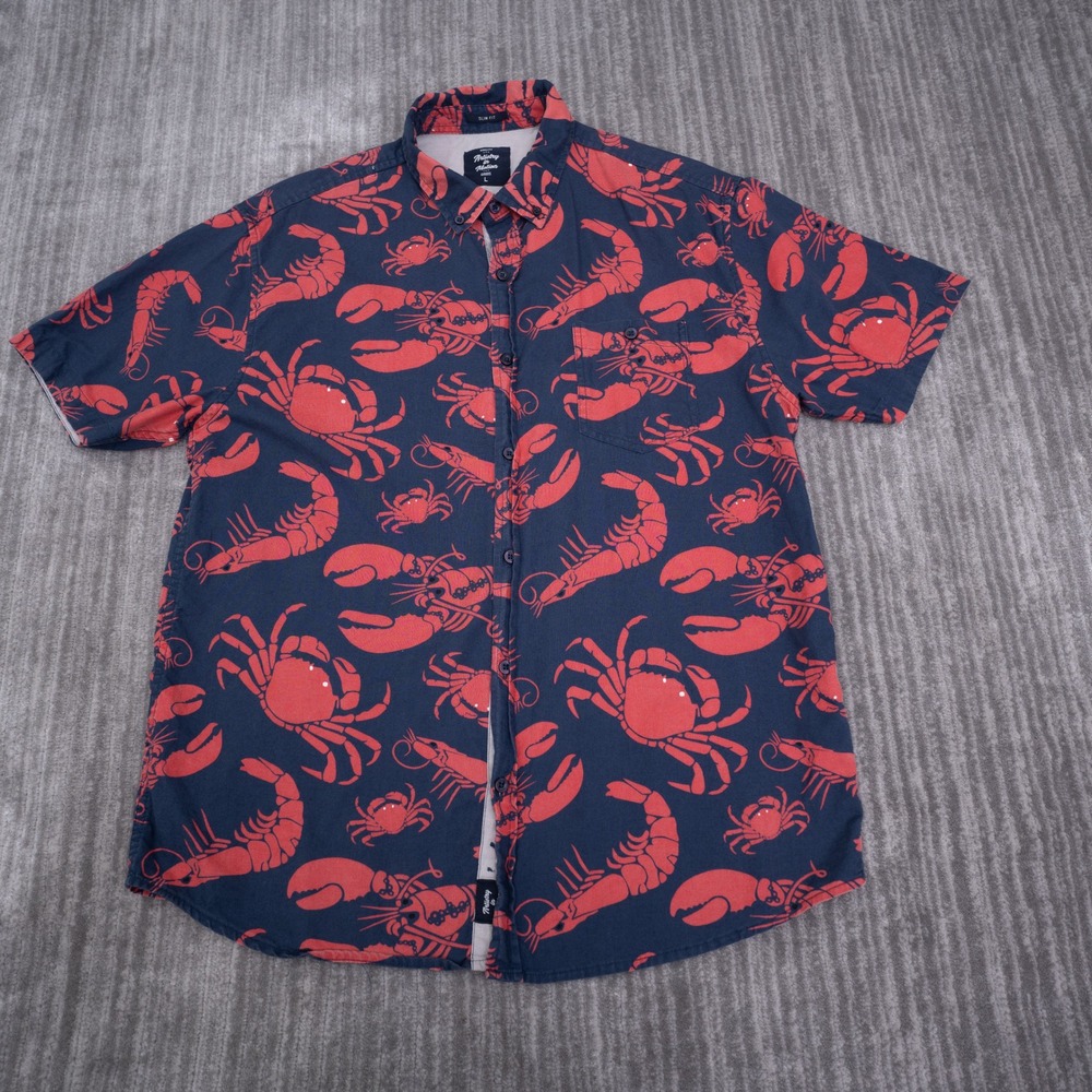 Artistry in Motion Mens Large Slim Fit Lobster Crab Print Button Down Shirt Navy